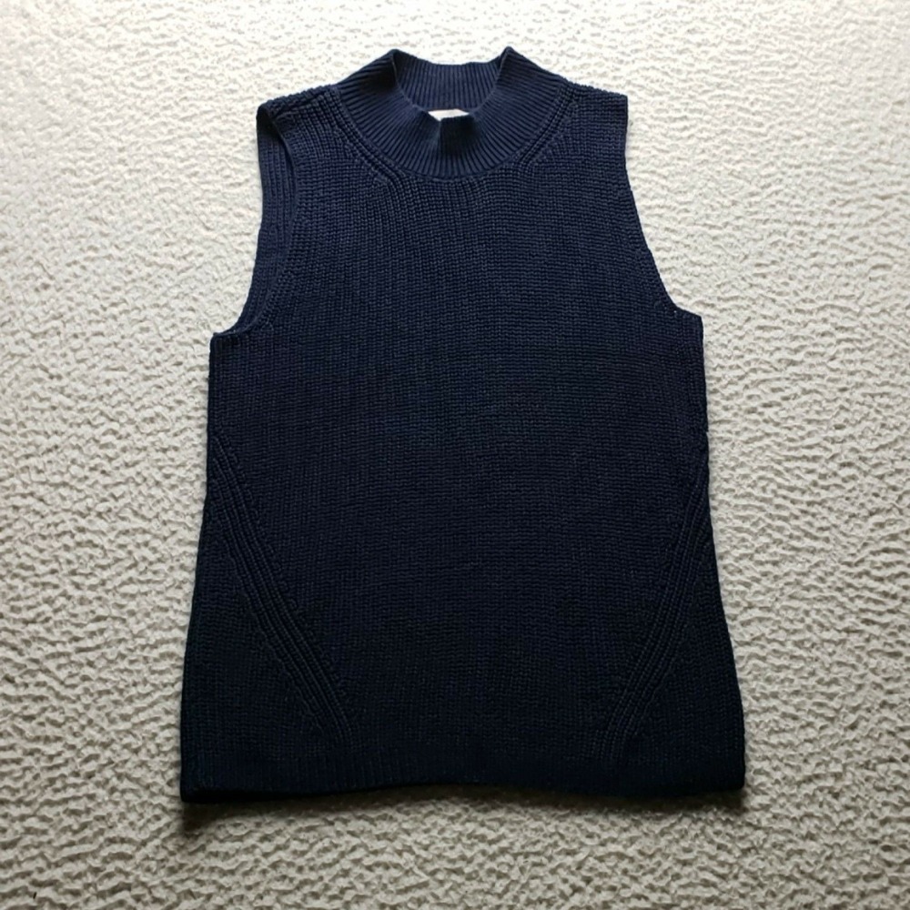 LOFT Sweater Vest Womens Small Blue Mock Neck Sleeveless Cotton Knit Pullover